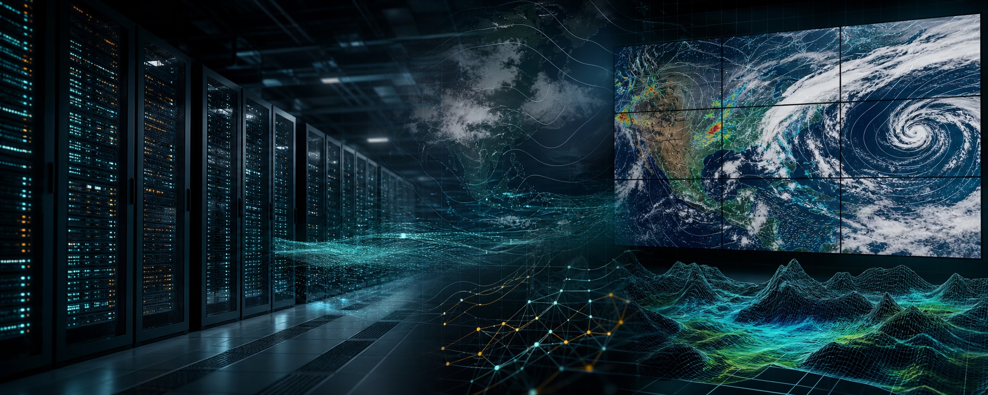 High-performance computing racks with weather forecast visualization displays